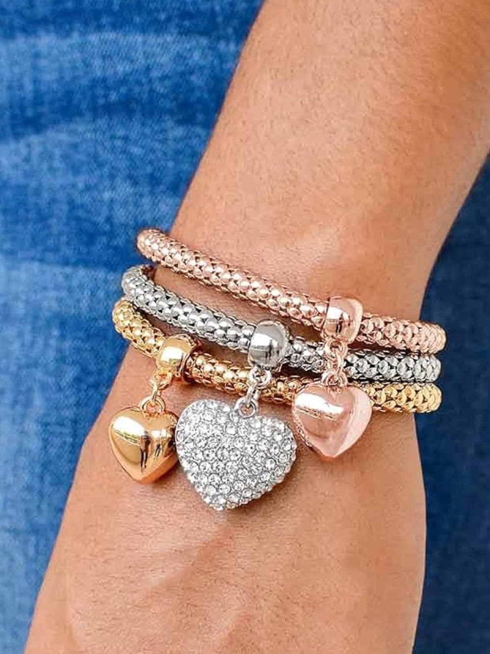 Anthropologie Tri-Tone Heart Charm Bracelet Set in Rose Gold, Silver, and Gold